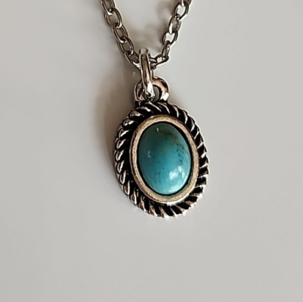 Boho Simulated Turquoise Pendant Stainless 18Inch chain